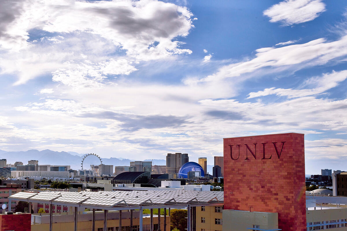 A sky view of the Greenspun Hall